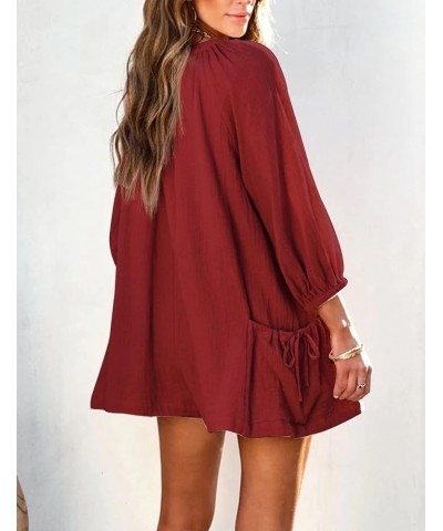 Women's 3/4 Sleeve Summer Romper Pleated V Neck Button Down Short One Piece Jumpsuit with Pockets Winered $15.19 Rompers