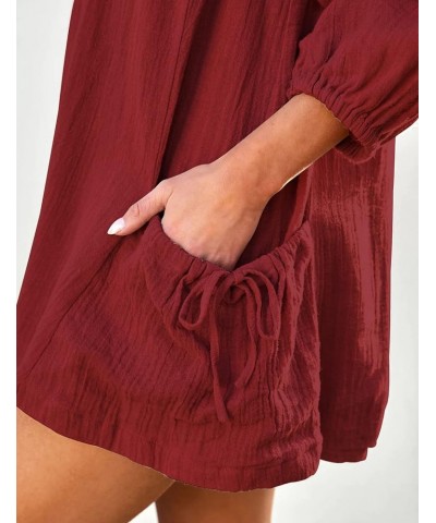 Women's 3/4 Sleeve Summer Romper Pleated V Neck Button Down Short One Piece Jumpsuit with Pockets Winered $15.19 Rompers