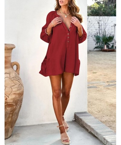 Women's 3/4 Sleeve Summer Romper Pleated V Neck Button Down Short One Piece Jumpsuit with Pockets Winered $15.19 Rompers