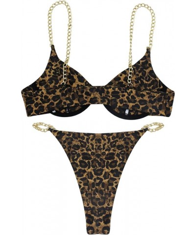 Women's Sexy Metal Chain Strap Bikini Set 2 Piece Swimsuit Bathing Suit Leopard $20.04 Swimsuits