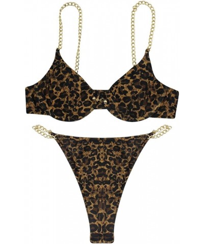 Women's Sexy Metal Chain Strap Bikini Set 2 Piece Swimsuit Bathing Suit Leopard $20.04 Swimsuits