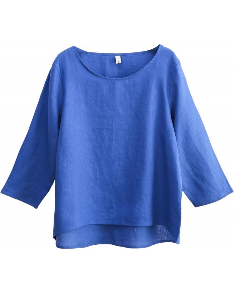 Womens Linen 3/4 Sleeve Blouse Crew Neck Summer Casual Tops Loose Fit True Blue $13.53 Blouses