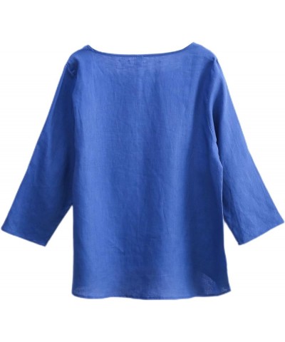 Womens Linen 3/4 Sleeve Blouse Crew Neck Summer Casual Tops Loose Fit True Blue $13.53 Blouses