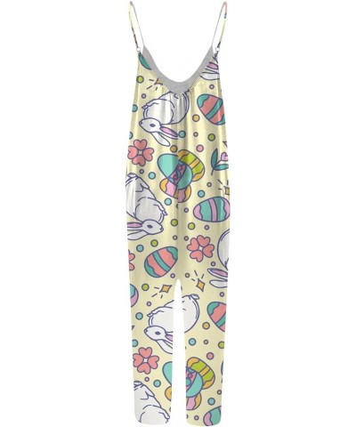 Cute Easter Outfits For Women,Easter Eggs Print Jumpsuits Sleeveless Party Overalls Casual Off The Shoulders Rompers 02-yello...