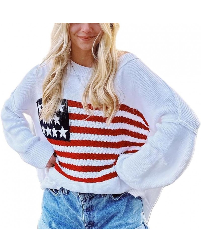 Y2k Vintage Sweater Long Sleeve Crew Neck Loose Knit Pullover American Flag Sweatshirt Preppy Striped Sweater E-flag White $1...