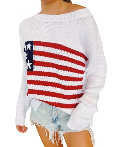 Y2k Vintage Sweater Long Sleeve Crew Neck Loose Knit Pullover American Flag Sweatshirt Preppy Striped Sweater E-flag White $1...