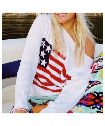 Y2k Vintage Sweater Long Sleeve Crew Neck Loose Knit Pullover American Flag Sweatshirt Preppy Striped Sweater E-flag White $1...