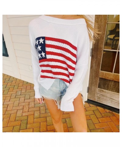 Y2k Vintage Sweater Long Sleeve Crew Neck Loose Knit Pullover American Flag Sweatshirt Preppy Striped Sweater E-flag White $1...