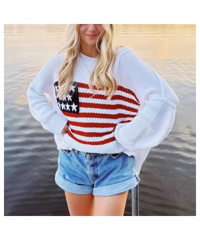 Y2k Vintage Sweater Long Sleeve Crew Neck Loose Knit Pullover American Flag Sweatshirt Preppy Striped Sweater E-flag White $1...