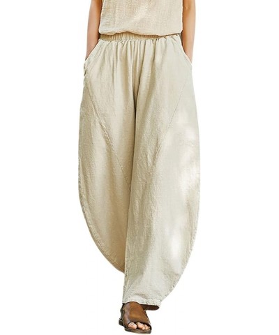 Women's Casual Cotton Linen Pants Relax Fit Elastic Waist Wide Leg Baggy Pants 005 Beige $13.02 Pants