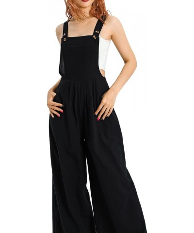 Women's Wide Leg Jumpsuits Plus Size Button Suspender Overalls Loose One Piece Baggy Rompers with Pockets J-black $12.00 Over...