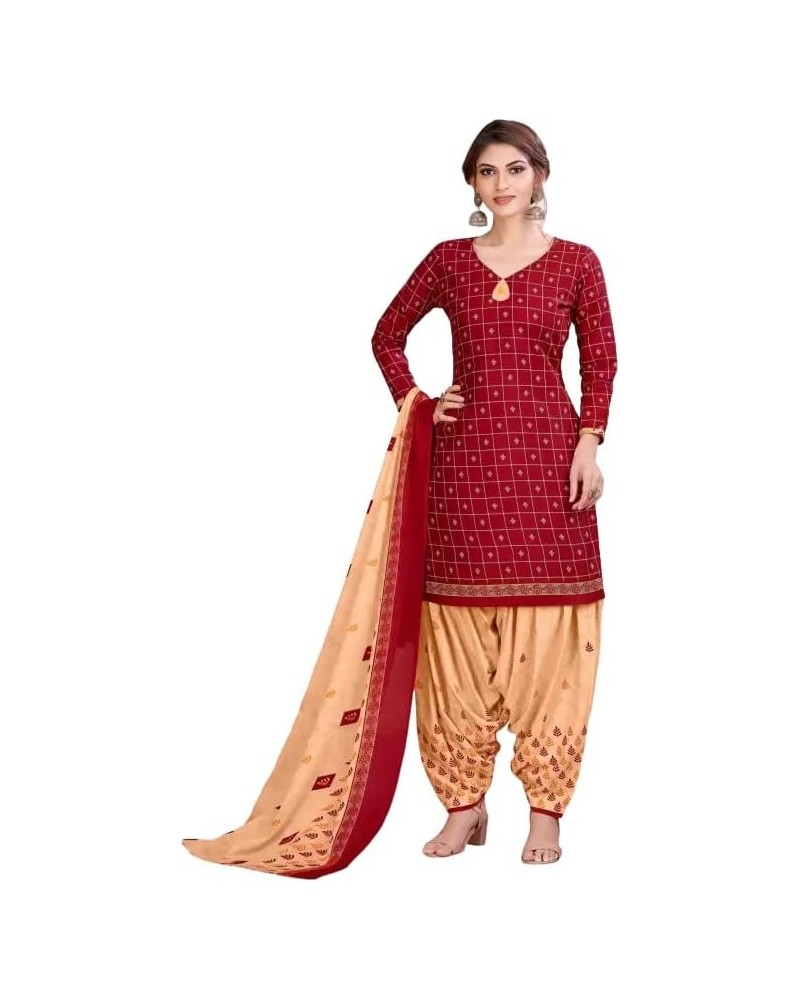 Readymade New Patiala Punjabi Salwar Suit of Crepe Fabric with Chiffon Dupatta for Women Maroon-19 $21.48 Suits