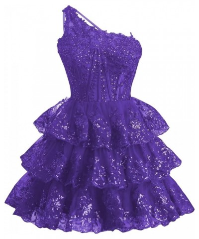 One Shoulder Tulle Homecoming Dresses 2023 Tiered Lace Prom Dresses Short Sparkly Formal Party Gowns Purple $27.95 Others