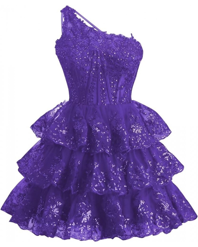 One Shoulder Tulle Homecoming Dresses 2023 Tiered Lace Prom Dresses Short Sparkly Formal Party Gowns Purple $27.95 Others