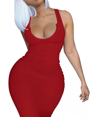 Women Bodycon Maxi Tank Dress, Sexy Deep U Neck Ribbed Solid Color Party Wrap Long Dresses Red Sleeveless $17.91 Dresses