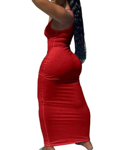 Women Bodycon Maxi Tank Dress, Sexy Deep U Neck Ribbed Solid Color Party Wrap Long Dresses Red Sleeveless $17.91 Dresses