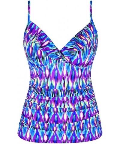 Women's Tankini Tops Shirred Ruffled Swimsuits V Neck Swimwear Top Blue Pop Pattern $18.00 Swimsuits