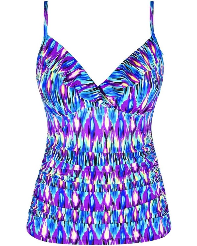 Women's Tankini Tops Shirred Ruffled Swimsuits V Neck Swimwear Top Blue Pop Pattern $18.00 Swimsuits