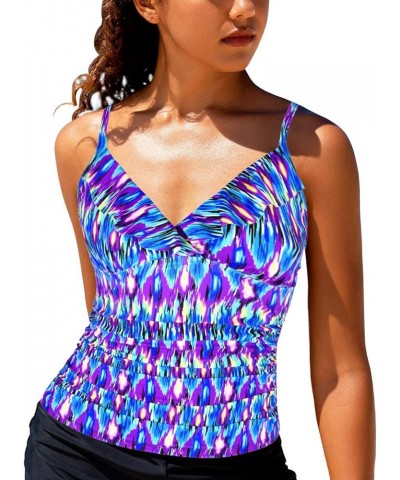 Women's Tankini Tops Shirred Ruffled Swimsuits V Neck Swimwear Top Blue Pop Pattern $18.00 Swimsuits