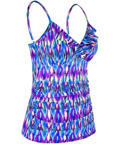 Women's Tankini Tops Shirred Ruffled Swimsuits V Neck Swimwear Top Blue Pop Pattern $18.00 Swimsuits