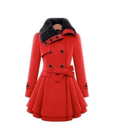 Double Breasted Faux Fur Collar Jacket Lapel Pea Coat for Women Winter Long Trench Coat with Belt Elegant Swing Outerwear X-L...