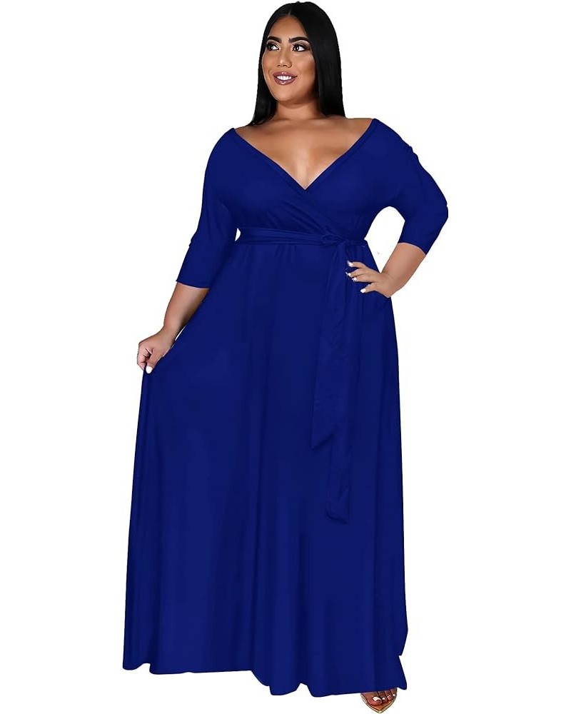 Plus Size Maxi Dress for Women - Summer Dresses Casual 3/4 Sleeve Floral Flowy Long Dress with Belt Pockets XL- 6XL A2-royal ...