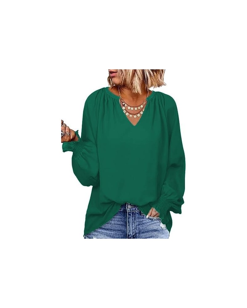 Casual Tops for Women 2023 Puff Long Sleeve Pleated V Neck Tunic Loose Fit Ladies Work Blouse Green $11.67 Blouses