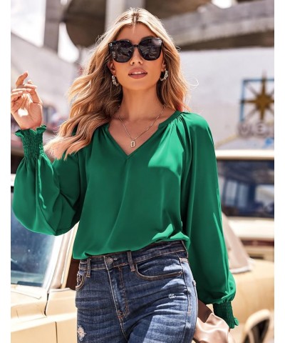 Casual Tops for Women 2023 Puff Long Sleeve Pleated V Neck Tunic Loose Fit Ladies Work Blouse Green $11.67 Blouses