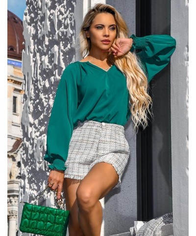 Casual Tops for Women 2023 Puff Long Sleeve Pleated V Neck Tunic Loose Fit Ladies Work Blouse Green $11.67 Blouses