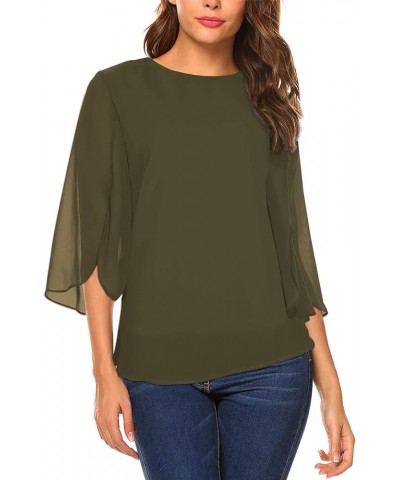 Womens Half Sleeve Layered Flowy Chiffon Blouses Round Neck Shirts Tops Army Green $9.50 Blouses