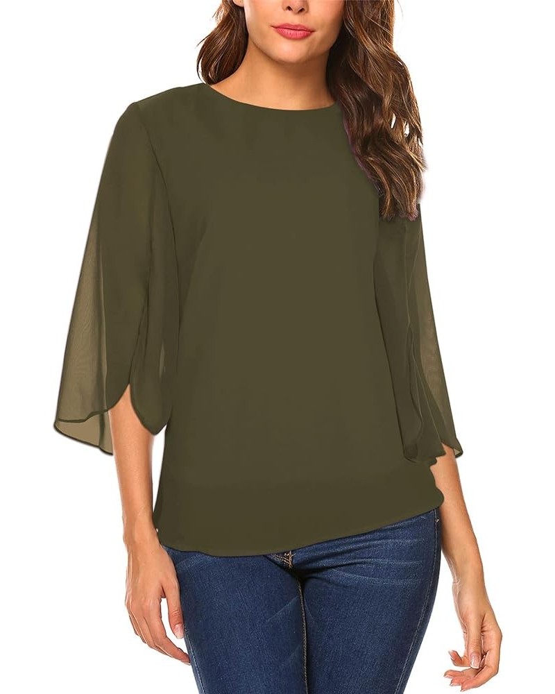 Womens Half Sleeve Layered Flowy Chiffon Blouses Round Neck Shirts Tops Army Green $9.50 Blouses