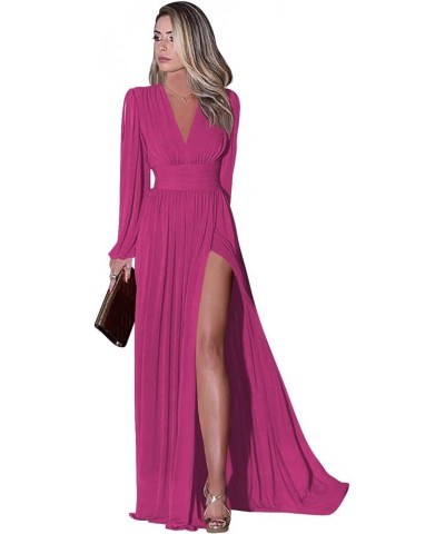 Women's Long Sleeve Prom Dress with Pockets V Neck Split Formal Evening Gowns YZTS019 Fuchsia $27.30 Dresses