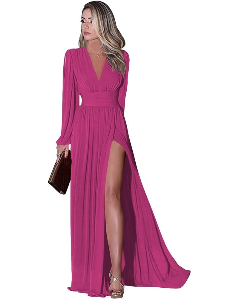 Women's Long Sleeve Prom Dress with Pockets V Neck Split Formal Evening Gowns YZTS019 Fuchsia $27.30 Dresses