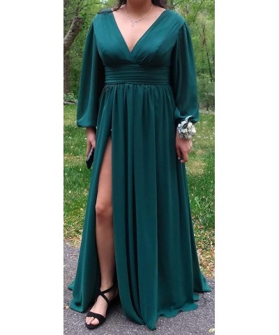 Women's Long Sleeve Prom Dress with Pockets V Neck Split Formal Evening Gowns YZTS019 Fuchsia $27.30 Dresses