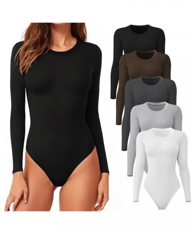 4/5 Pack Long Sleeve Bodysuit for Women Round Neck Casual Stretchy Basic Shirts Crew Neck Body Suits Tops 5 Pack:black,white,...