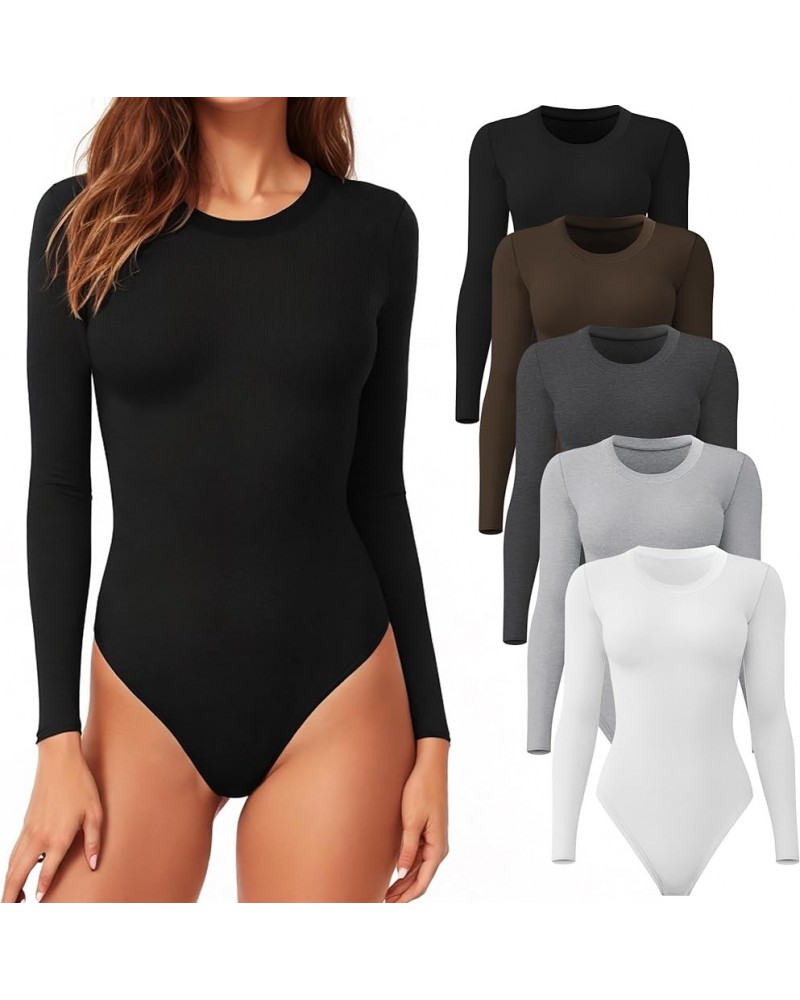 4/5 Pack Long Sleeve Bodysuit for Women Round Neck Casual Stretchy Basic Shirts Crew Neck Body Suits Tops 5 Pack:black,white,...