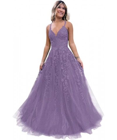 Women's Lace Applique V-Neck Prom Drsses Long Spaghetti Straps Sparkly Tulle Evening Party Gowns AU003 Wisteria $35.25 Dresses