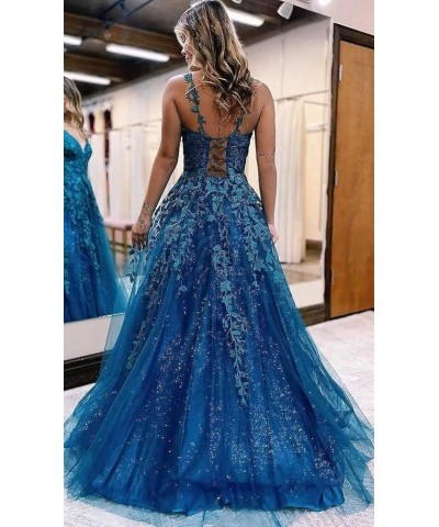 Women's Lace Applique V-Neck Prom Drsses Long Spaghetti Straps Sparkly Tulle Evening Party Gowns AU003 Wisteria $35.25 Dresses