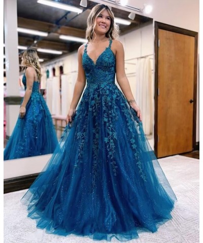 Women's Lace Applique V-Neck Prom Drsses Long Spaghetti Straps Sparkly Tulle Evening Party Gowns AU003 Wisteria $35.25 Dresses