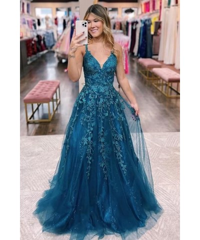 Women's Lace Applique V-Neck Prom Drsses Long Spaghetti Straps Sparkly Tulle Evening Party Gowns AU003 Wisteria $35.25 Dresses