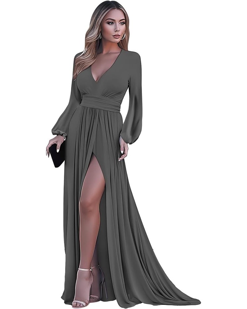 Puffy Long Sleeve Prom Dresses for Women Ball Gown with Slit V Neck Evening Gowns with Pockets YG253 Grey $32.99 Dresses