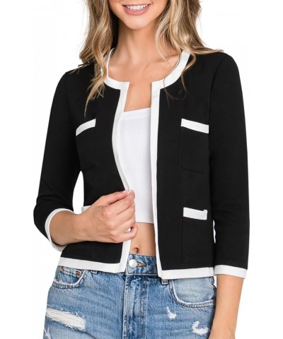 Casual Open Front Crop Blazers 3/4 Sleeve Round Neck Formal Cropped Jackets for Womens with Plus Size Business Work Black $14...