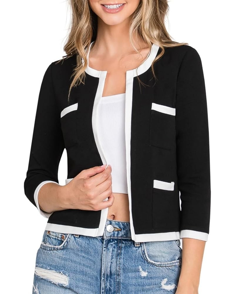 Casual Open Front Crop Blazers 3/4 Sleeve Round Neck Formal Cropped Jackets for Womens with Plus Size Business Work Black $14...