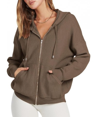 Women's Zip Up Sweater Hoodies 2024 Oversized Casual hooded Jacket Long Sleeve Ribbed Knit Sweatshirts Coffee $22.54 Sweaters