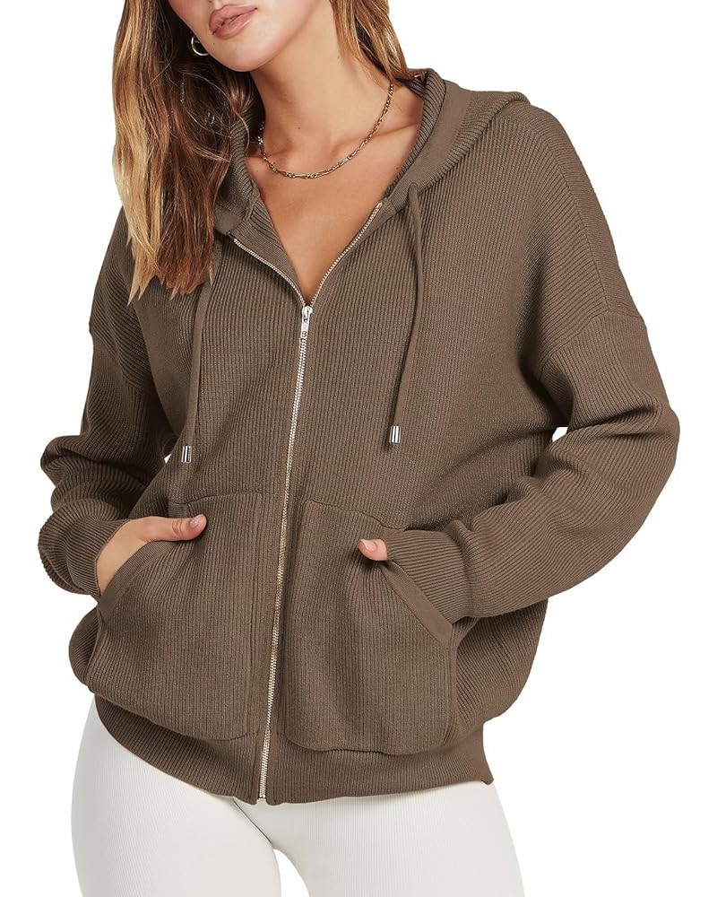 Women's Zip Up Sweater Hoodies 2024 Oversized Casual hooded Jacket Long Sleeve Ribbed Knit Sweatshirts Coffee $22.54 Sweaters