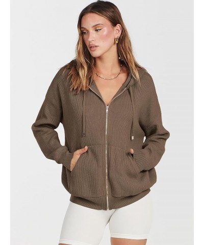 Women's Zip Up Sweater Hoodies 2024 Oversized Casual hooded Jacket Long Sleeve Ribbed Knit Sweatshirts Coffee $22.54 Sweaters