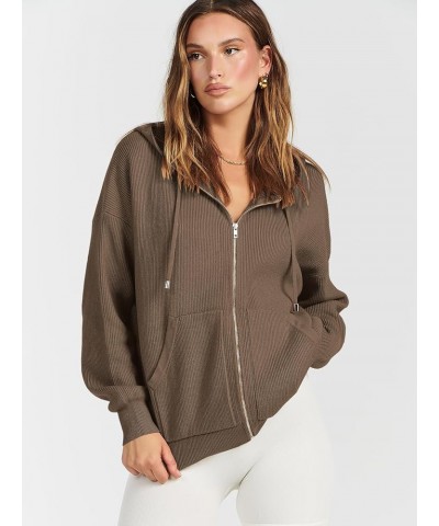 Women's Zip Up Sweater Hoodies 2024 Oversized Casual hooded Jacket Long Sleeve Ribbed Knit Sweatshirts Coffee $22.54 Sweaters