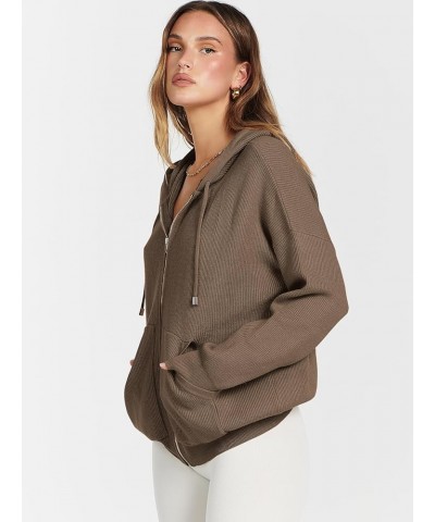 Women's Zip Up Sweater Hoodies 2024 Oversized Casual hooded Jacket Long Sleeve Ribbed Knit Sweatshirts Coffee $22.54 Sweaters