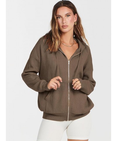 Women's Zip Up Sweater Hoodies 2024 Oversized Casual hooded Jacket Long Sleeve Ribbed Knit Sweatshirts Coffee $22.54 Sweaters