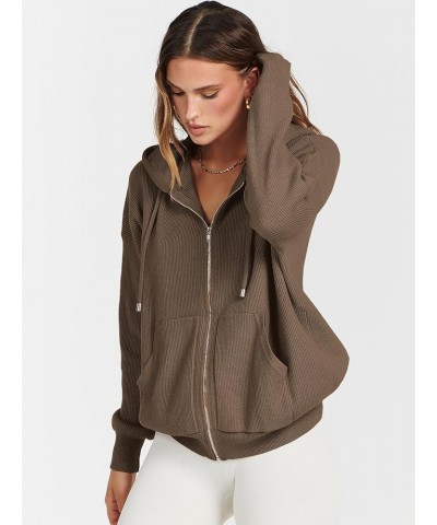 Women's Zip Up Sweater Hoodies 2024 Oversized Casual hooded Jacket Long Sleeve Ribbed Knit Sweatshirts Coffee $22.54 Sweaters